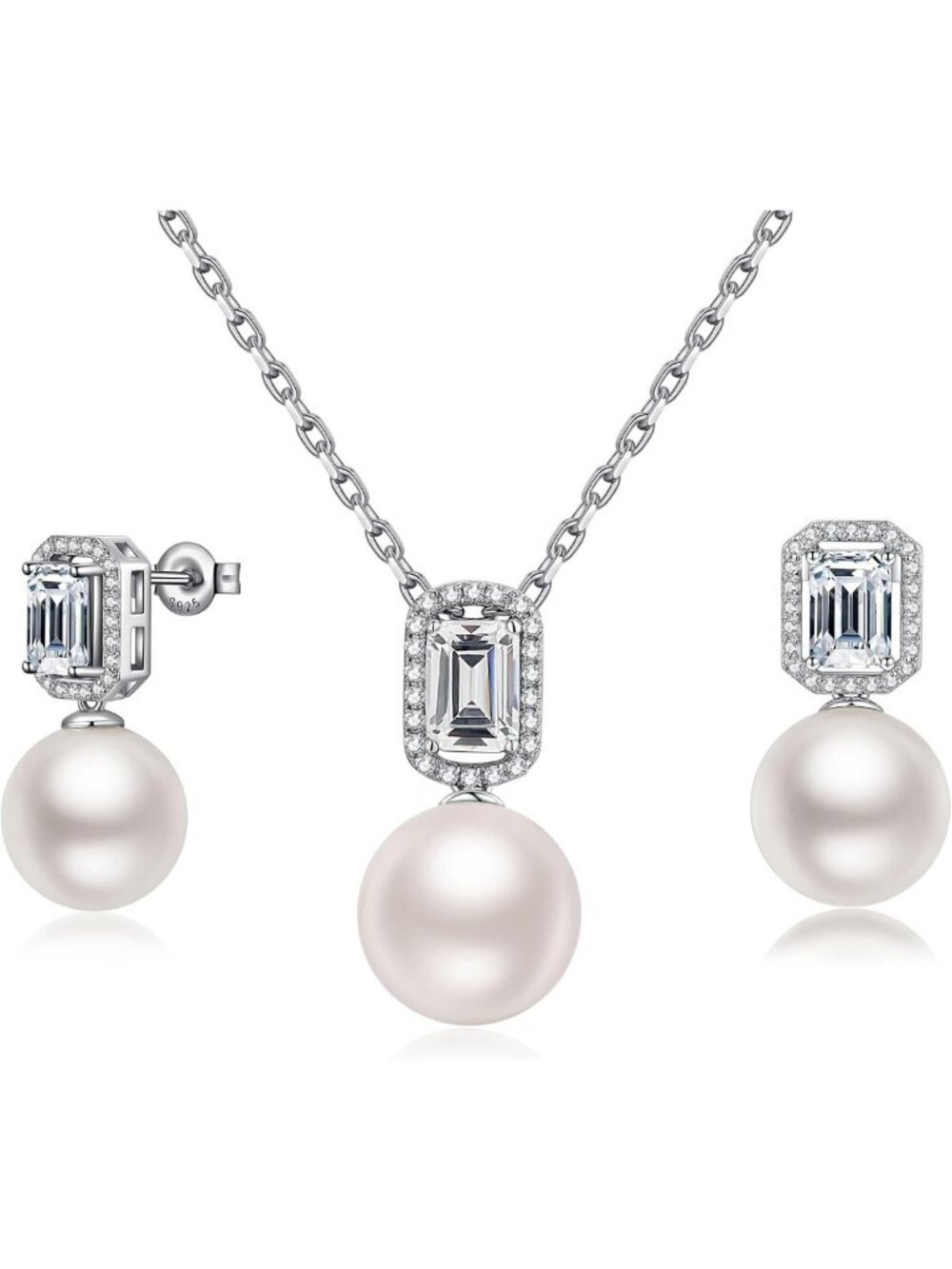 Elegant 12MM White Pearl Jewelry Set - Sterling Silver Halo Earrings & Pendant